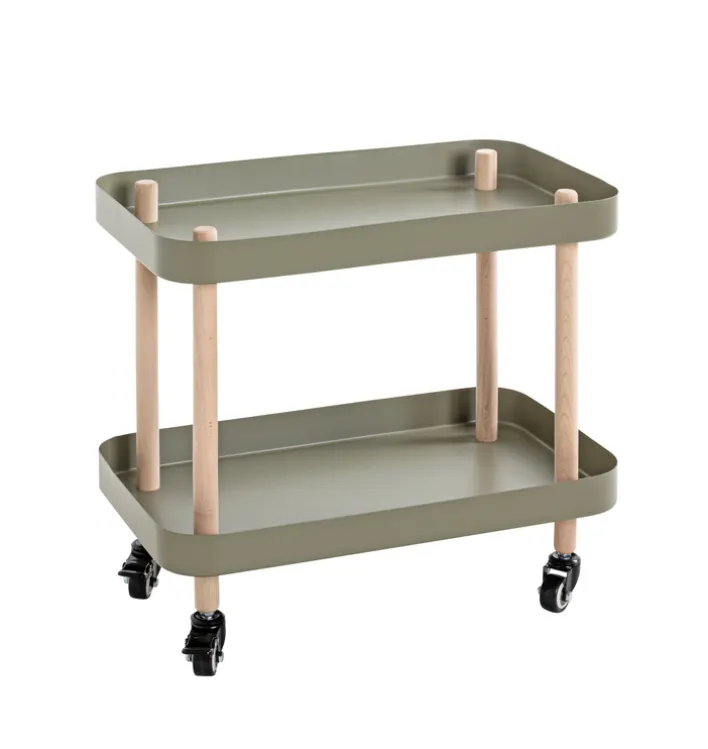 Beistelltisch auf Rollen 50 x 47 cm grün/Massivholz natur