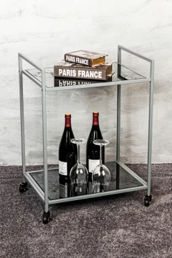 Beistelltisch auf Rollen 50 x 36 cm Glas schwarz lackiert/grau