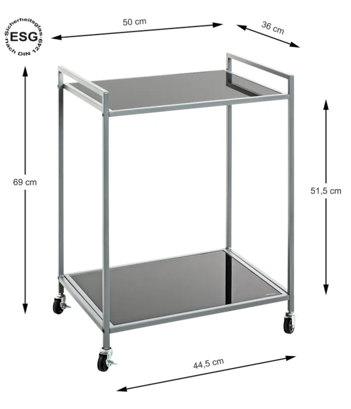 Beistelltisch auf Rollen 50 x 36 cm Glas schwarz lackiert/grau