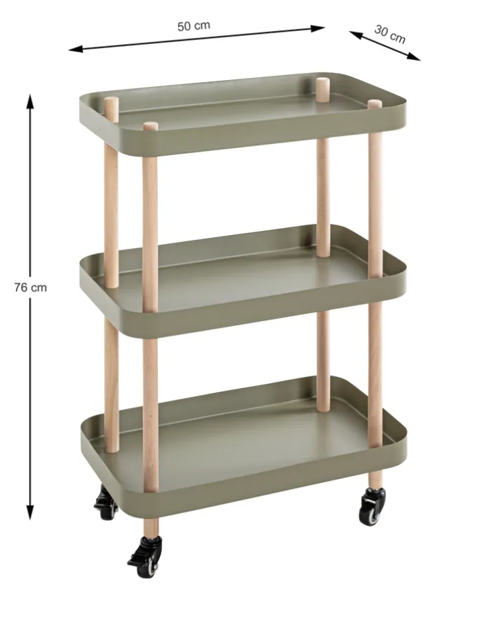 Beistelltisch auf Rollen 50 x 76 cm grün/Massivholz natur