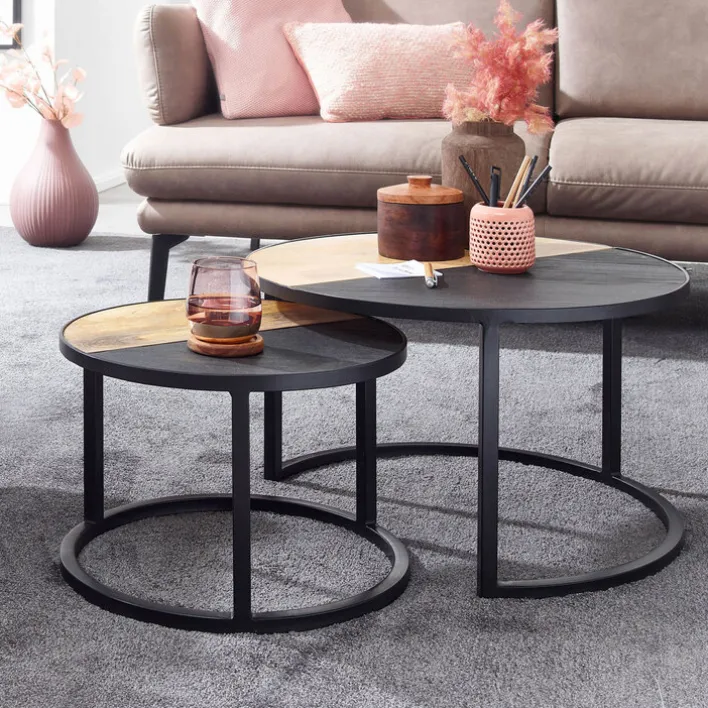 CASAVANTI Couchtisch rund 2er Set Schwarz/ Gesteinsoptik