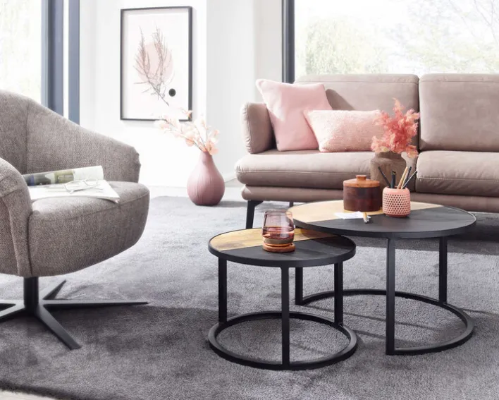 CASAVANTI Couchtisch rund 2er Set Schwarz/ Gesteinsoptik