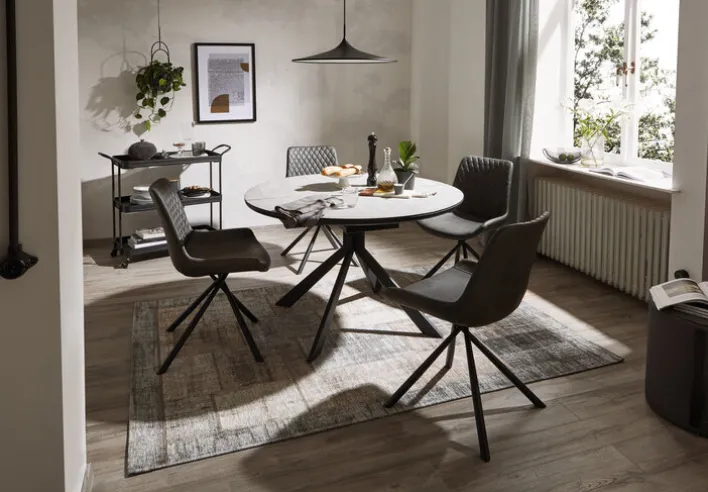 CASAVANTI Esszimmerstuhl FLORES Edelstahl schwarz/ Lederlook grau