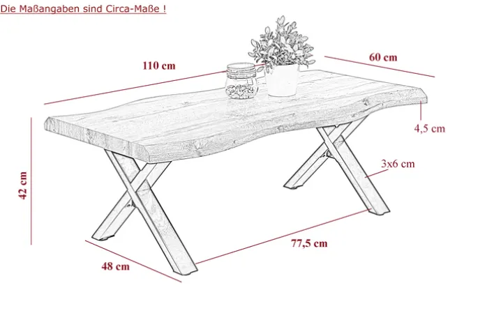 Couchtisch Lewis 110x60 cm - Wildeiche Nachbildung - X-Gestell Metall braun/schwarz