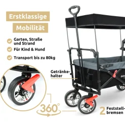 deluxe4home Bollerwagen mit Dach BENJI 56 x 128 cm schwarz /grau