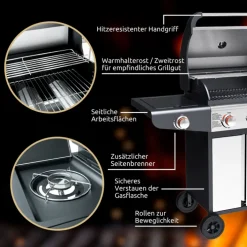 deluxe4home Gasgrill GRILLWAGEN XXL 131 x 54 cm silberfarbig /schwarz