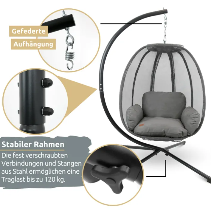 deluxe4home Hängesessel mit Gestell MODERN 3-tlg schwarz /anthrazit
