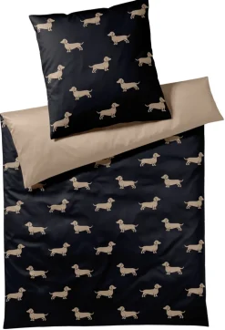 elegante Makosatin-Bettwäsche DACKEL 155 x 220 cm schwarz/beige