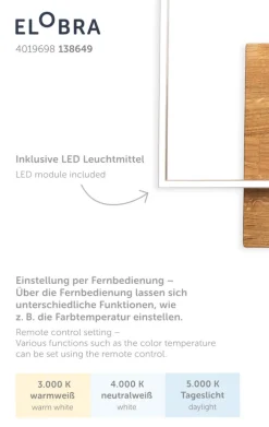 ELOBRA CCT LED Deckenlampe PANAMA 42 x 50 cm Nickelfarbig mit Holz