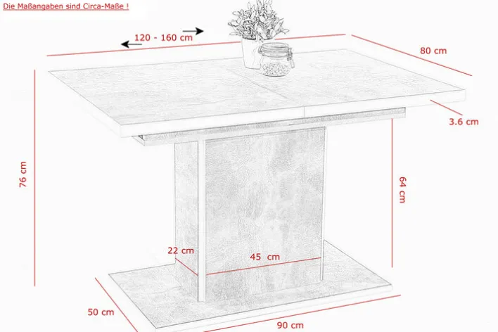 Esstisch ALICE T 120-160 x 80 cm betongrau