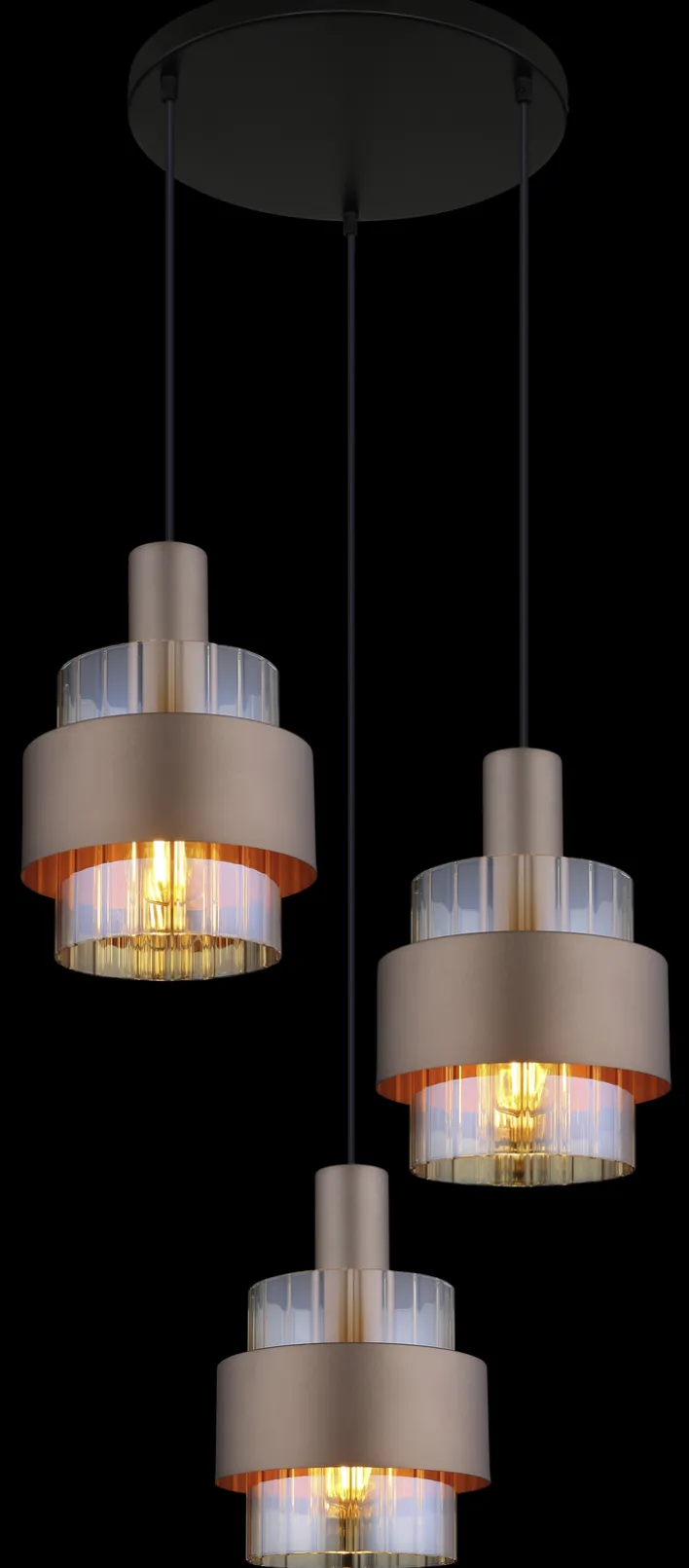 GLOBO Pendelleuchte MILLEY, höheneinstellbar 80-150 cm, Metall/Glas, E27, 3 Brennstellen, 180 W, Schutzklasse 1, IP20, Braun/Schwarz/Goldfarbig