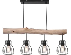 GLOBO Retrofit Balkenpendel MINA II 4-flg schwarz /Holz naturfarbig