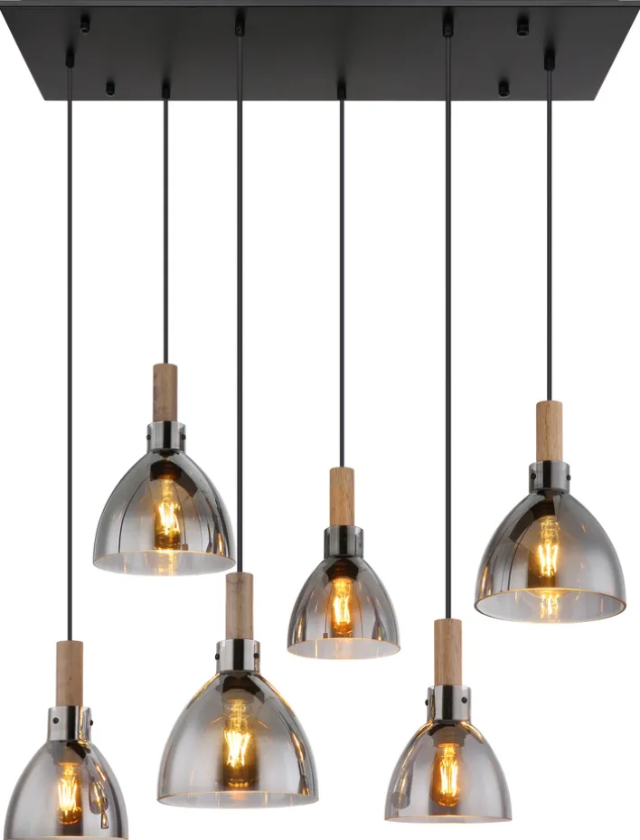 GLOBO Retrofit LED Balkenpendel MATTEA 6-flg schwarz /Holzdekor