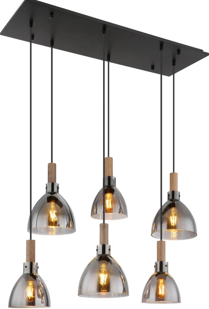 GLOBO Retrofit LED Balkenpendel MATTEA 6-flg schwarz /Holzdekor