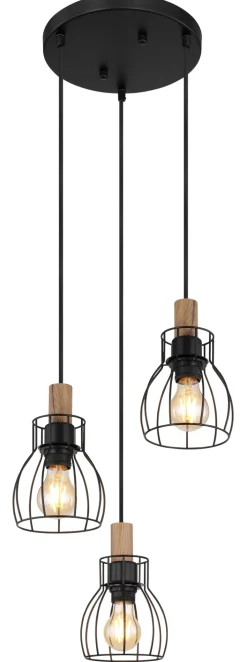 GLOBO Retrofit Pendelleuchte MINA II 3-flg schwarz /Holz naturfarbig