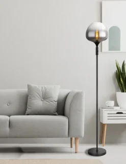GLOBO Retrofit Stehlampe MAXY 165 cm schwarz /Rauchglas
