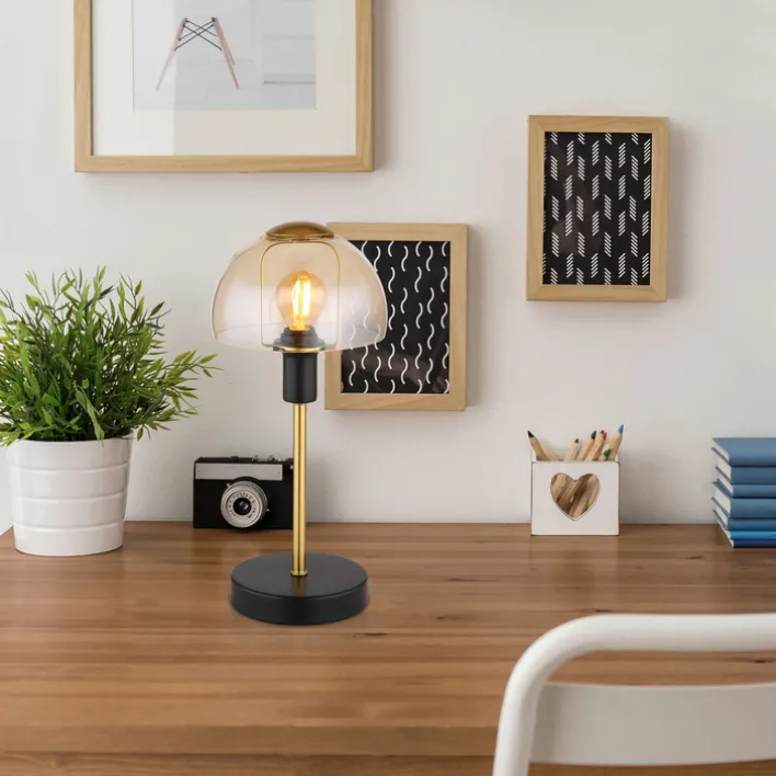 GLOBO Retrofit Tischlampe KOKKINI schwarz-goldfarbig /amber
