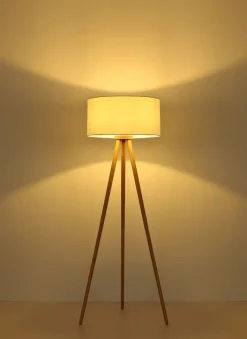 Globo Retrofit Tripod Stehlampe STABILO, Holznachbildung/Textil, Höhe 150 cm Braun/Weiß