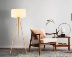 Globo Retrofit Tripod Stehlampe STABILO, Holznachbildung/Textil, Höhe 150 cm Braun/Weiß