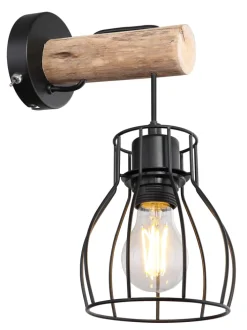 GLOBO Retrofit Wandleuchte MINA II schwarz /Holz naturfarbig