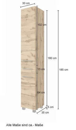 Hochschrank LIVORNO 30 x 180 cm Wotan Eiche/ Weiß matt