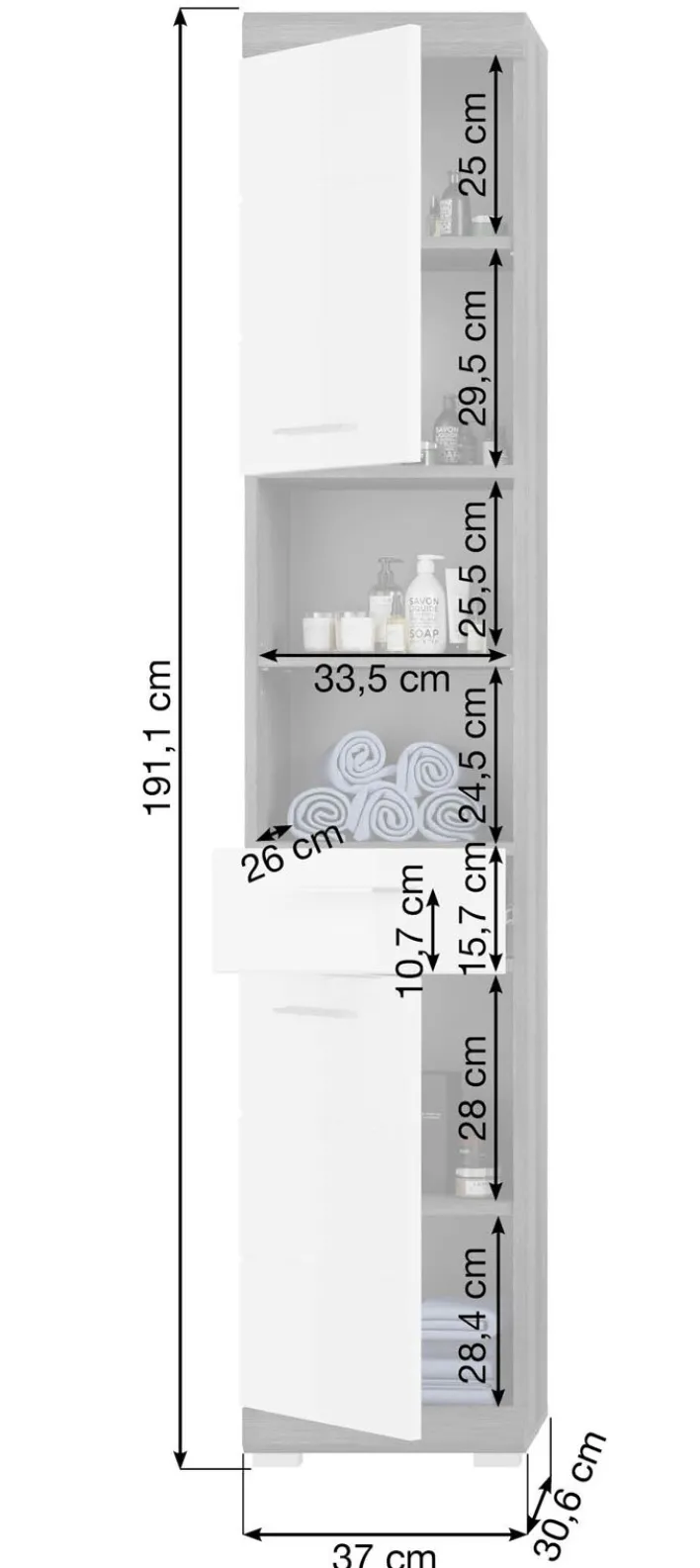 Hochschrank SCOUT 37 x 191 cm grau/ weiß Hochglanz
