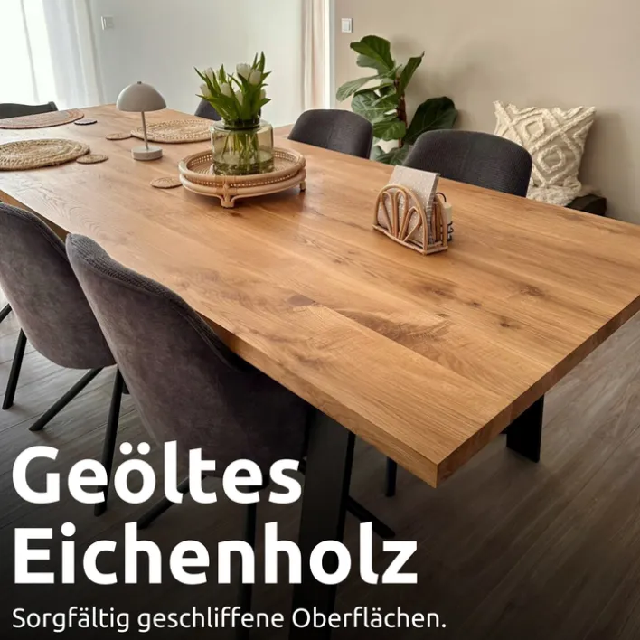 holz4home Esstisch 140 x 80 cm Eiche massiv/Dreieck-Gestell schwarz