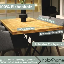 holz4home Esstisch 180 x 100 cm Eiche Massiv