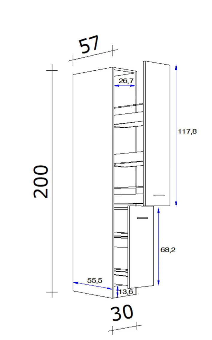 Küchen Apothekerschrank WITO 30 x 200 x 57 cm weiß