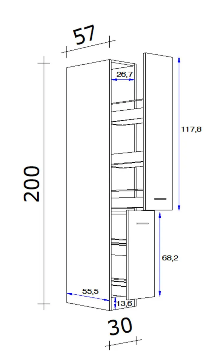 Küchen Apothekerschrank WITO 30 x 200 x 57 cm weiß