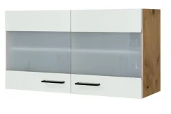 Küchen Glas-Hängeschrank AVILA 100 cm Eiche /weiß matt