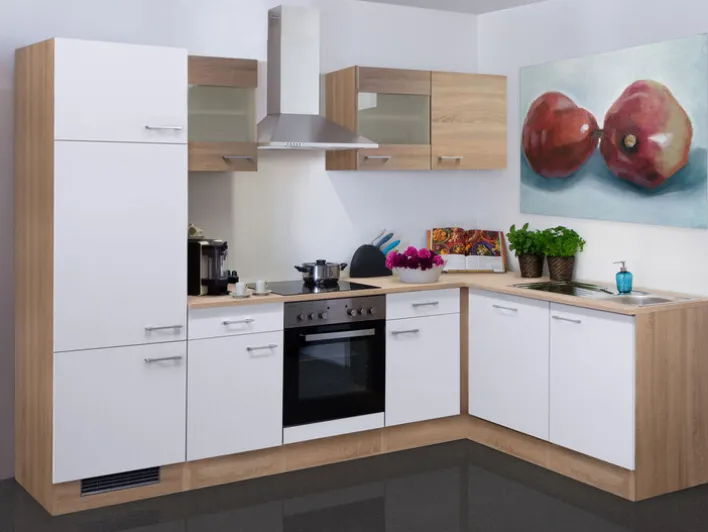 Küchenwinkel Jack – L-Form – Samoa Weiß / Eiche Sonoma Nachbildung – inklusive E-Geräte