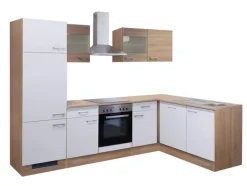 Küchenwinkel Jack – L-Form – Samoa Weiß / Eiche Sonoma Nachbildung – inklusive E-Geräte
