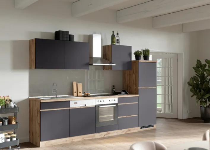 Küchenzeile AALBORG 300 cm Wotan Eiche Dekor/ Matt Grau