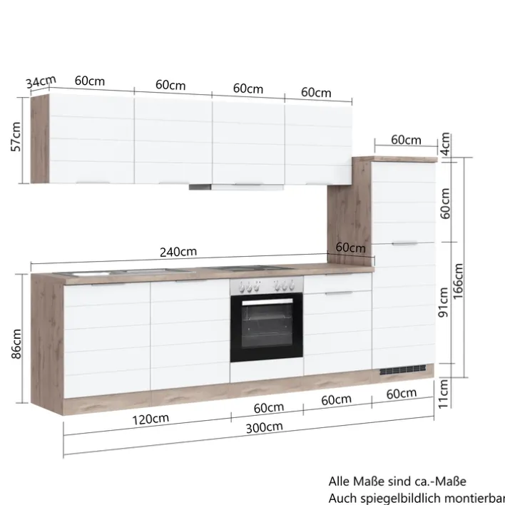Küchenzeile KOPENHAGEN 300cm Wotan Eiche Dekor/Matt-Grau