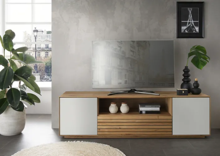 Lowboard 158 x 44 cm Eiche massiv/Glas satinato