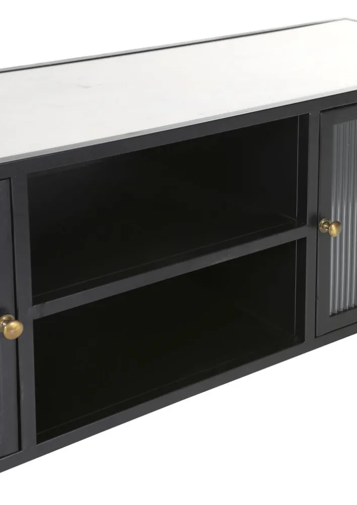 Lowboard 140 x 52 cm Platte Marmor weiß/Türfront Strukturglas