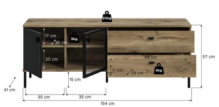 Lowboard Lou 154 x 41 x 57 cm Nox Oak Nachbildung Braun/Schwarz