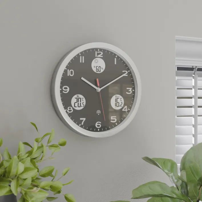 Mebus Digitalwanduhr Metall/Kunststoff Durchmesser 30 cm Schwarz/Alu-/Nickelfarbig/Weiß