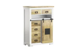 PHILL HILL Highboard LEWIS 90 x 130 x 45 cm Mango massiv/weiß/schwarz