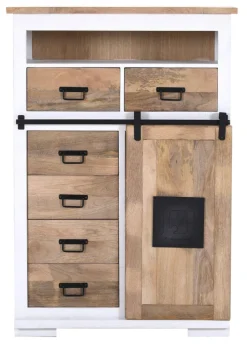 PHILL HILL Highboard LEWIS 90 x 130 x 45 cm Mango massiv/weiß/schwarz