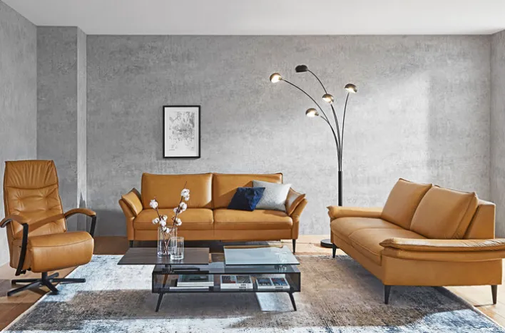 PURO Ledersofa 3-Sitzer STRASSBURG II Cloudy kurkuma