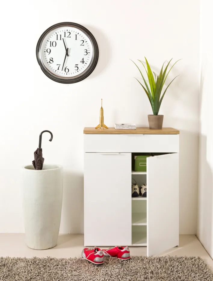 Schuhschrank MUNDI 83 x 102 cm Weiß Hochglanz/Eiche-Riviera-Dekor