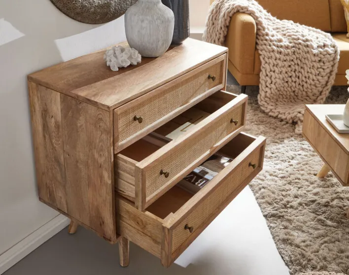 Sideboard 80 x 75 cm Mango massiv und Rattan