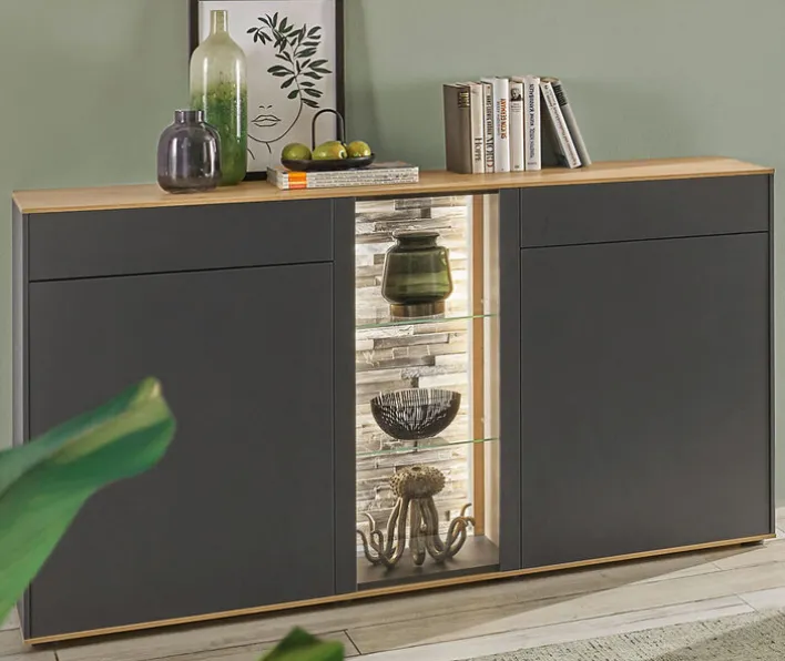 Sideboard COMO 169 x 90 cm Anthrazit matt Lack/Asteiche-Dekor