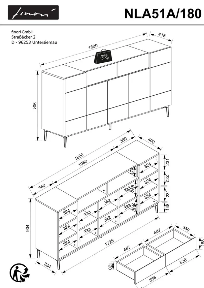 Sideboard NOLA 180 x 90 cm Artisan Oak-Dekor/schwarz
