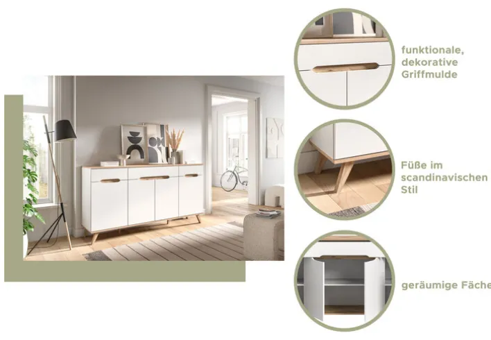 Sideboard SCANDI 185x95x40 cm Weiß Braun Nox Oak Nachbildung
