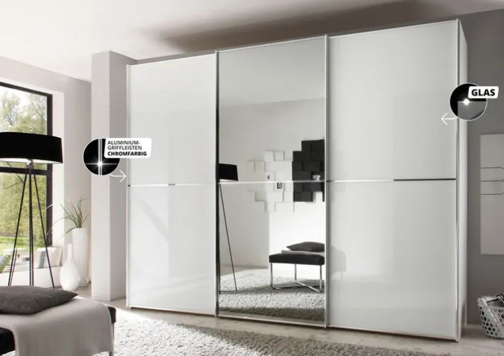 STAUD Kleiderschrank SINFONIE PLUS VIII 280 cm Alpinweiß/ Alpinweißglas/ Spiegel mittig