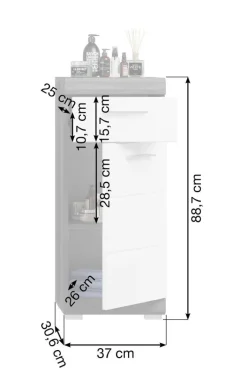 Unterschrank SCOUT 37 x 88 cm grau/ weiß Hochglanz