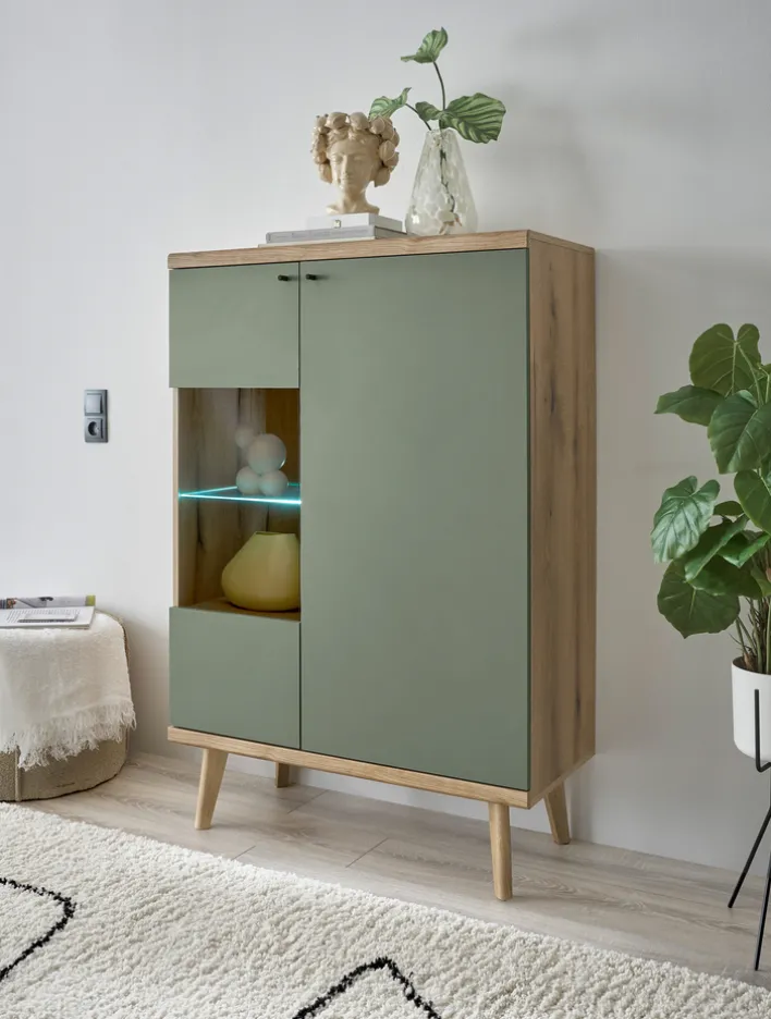 Vitrine ALVA 90 x 134 cm salbeifarbig/braun